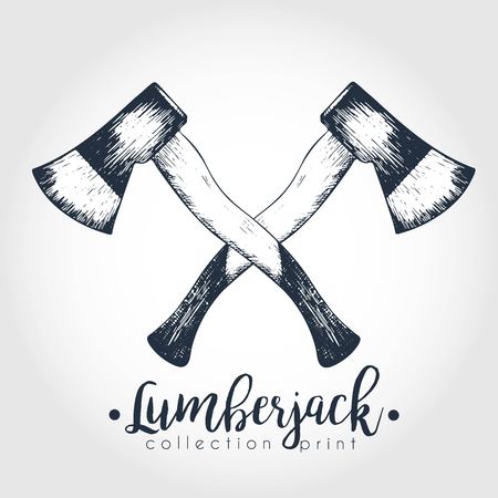 Vector hand drawn logo of two crossed axes. Lumberjack print collection. Vintage engraved art. Hipster trendy forest illustration. Use for prints, logo design, restaurant, camping, business.のイラスト素材