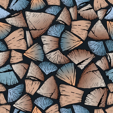 Vector seamless pattern of colored firewoods isolated on black background. Lumberjack print collection. Hand drawn vintage style art.  Hipster trendy forest illustration.のイラスト素材