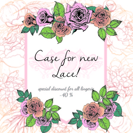 Vector banner for great sale. Chevron text template. Purple peonies and chevron modern brush spot in trendy pastel colors. Use for business fashion promotion.のイラスト素材