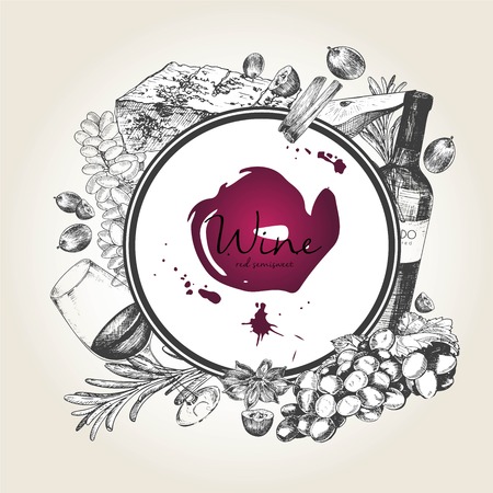 Vector hand drawn illustration of wine and apetizers. Round border composition. Grape, cheeze, rosemary, spices, botte and wineglass. For restaurant menu, invitation, greeting, holiday store designのイラスト素材