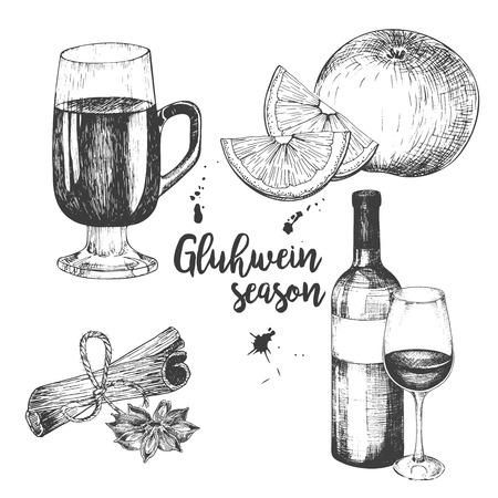 Vector set of mulled wine. Bottle, glass, orange, apple, cinnamon sticks, anise. Vintage engraved style. Decorated with blots. Use for season restaurant, menu design store holidayのイラスト素材