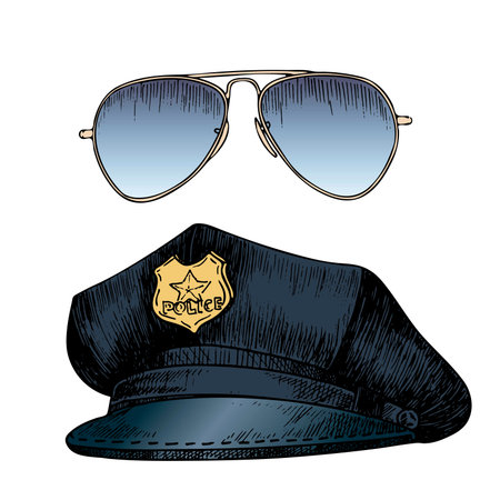 Vector set of policeman uniform. Cap hat and aviators sunglasses. Hand drawn engraved style. Professional equipment and clothing colored vintage image. Isolated on white background.のイラスト素材
