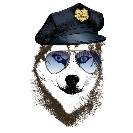Vector close up portrait of police dog. Siberian husky wearing the peak cap and sunglasses. Hand drawn domestic pet dog illustration. Isolated on white background.のイラスト素材