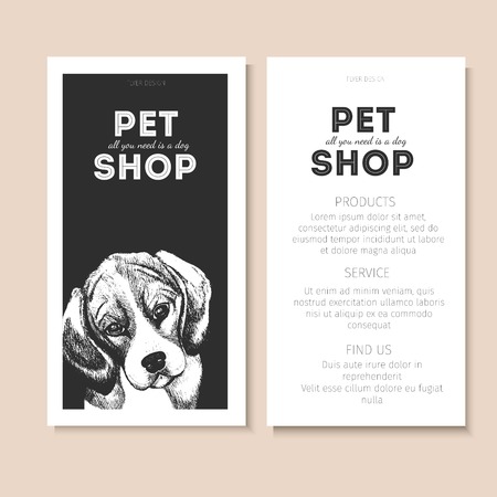 Vector set of pet shop flyers. Dog portrait isolated on black square text template. White informational list. Use for pet clinic, store, food market, veterinary pharmacy, advertising, sale, discountのイラスト素材
