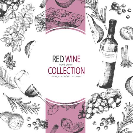 Vector hand drawn round template illustration of wine and appetizers. Bottle, glass, corcksrew, cheese, fruits ans cpices. Vintage engraved style art. For restaurant, menu, shop, market, sale.のイラスト素材