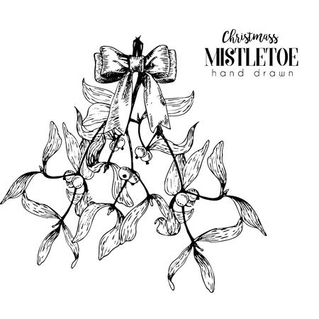 Vector hand drawn illustration of mistletoe branches bounded with bow. Christmas engraved decoration. Vintage hand drawn art. Use for seasonal greeting, party decor, holiday advertisement.のイラスト素材