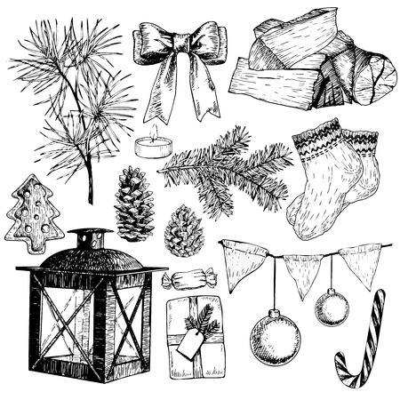 Vector set of Christmas objects. Hand drawn vintage style. Xmas Icons. Lantern, pine tree branch, fir, pinecone,firewoods, socks, pennant flags, balls, bow, coockies, holly, candy, star.のイラスト素材