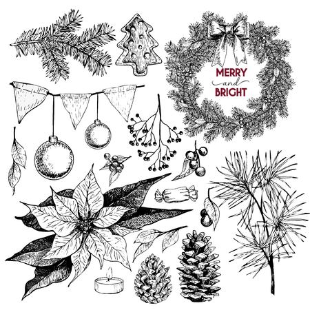 Vector set of Christmas objects. Hand drawn vintage style. Xmas Icons. Wreath, lettering, pine tree branch, fir, pinecone, poinsettia, candle, berries, bow, coockies, holly, candy.のイラスト素材