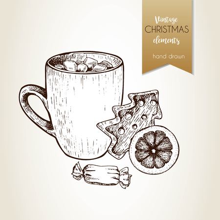 Vector hand drawn illustartion of cocoa cup, gingerbread cookie, orange slice  and candy. Vintage engraved style.  Christmas decoration.  Use for seasonal greeting, party decor, holiday advertisement.のイラスト素材