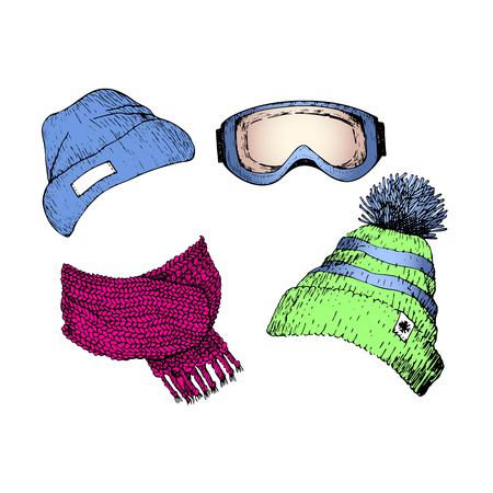 Vecor set of hand drawn ski clothing icons. Knitted scarf, beanies, goggle mask. Engraved colored illustration. Use for winter sport design promotion, store, ski resort advertisement.のイラスト素材