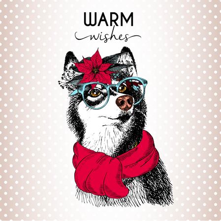 Vector portrait of Christmas dog. Siberian huskyl dog wearing poinsettia wreath, sunglasses and scarf. Christmas poster, flyer, greeting card, holiday, celebration, party, pet shop, decorationのイラスト素材