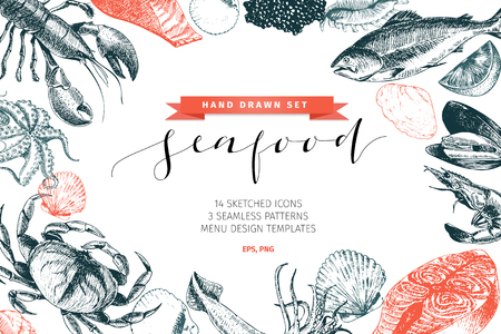 Vector hand drawn set of seafood icons. Lobster, salmon, crab, shrimp, ocotpus, squid and clams. Engraved art. Delicious food menu objects. Use for resaurant, promotion, market store bannerのイラスト素材