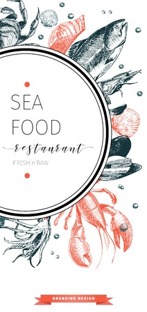 Vector set for seafood restaurant branding. Flyer with round frame and sketched icons. Hand drawn vintage elements. Engraved Salmon, lobster. octopus, squid, crab, caviar, fillet and clams.のイラスト素材