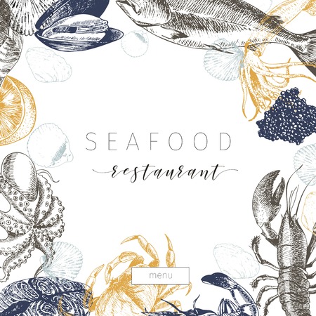 Vector hand drawn seafood banner.Lobster, salmon, crab, shrimp, ocotpus, squid, clams.Engraved art in square border composition.Delicious menu objects. Use for restaurant, promotion market store flyerのイラスト素材