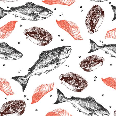 Vector seamless pattern of seafood. Salmon fish, fillet and slice. Hand drawn engraved icons. Delicious food menu objects. Use for resaurant, promotion, market store bannerのイラスト素材
