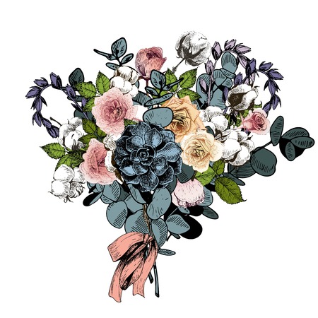 Vector flower arrangement. Wedding bouquet. English roses, eucalyptus, cotton and succulents. Hand drawn botanical art. Engraved vintage style. greeting card, invitstion, fashion business marketのイラスト素材