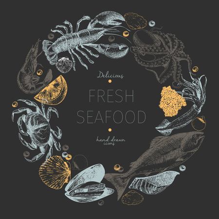 Vector hand drawn seafood logo. Lobster, salmon, crab, shrimp, ocotpus, squid, clams.Engraved art in round border composition. Delicious menu objects. Use for resaurant, promotion market store bannerのイラスト素材