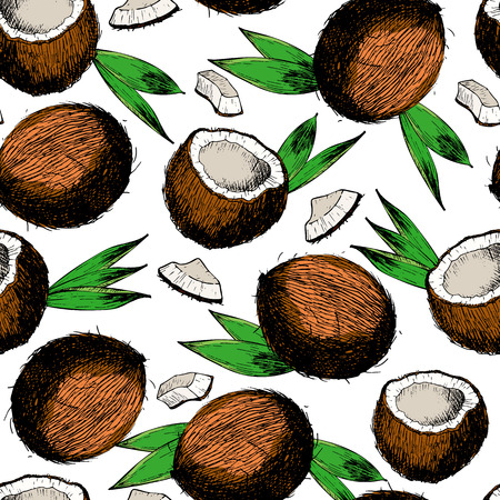 Vector seamless pattern of coconuts, slices and leaves. Hand drawn colored engraved art. Healthy beauty hair nutrition. design your fashion care products, branding, identity, advertisement, promotion.のイラスト素材