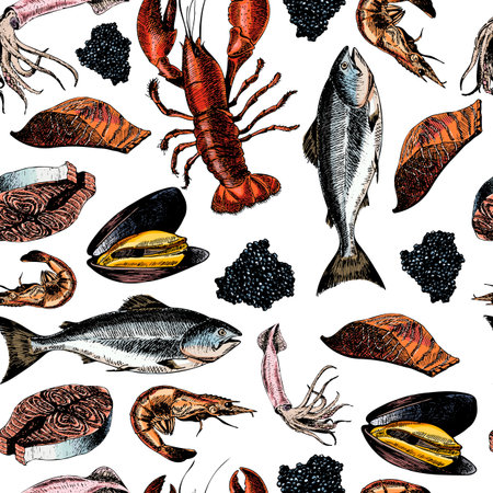 Vector seamless pattern of seafood.Lobster, squid, salmon, caviar, fillet,  shrimp and oyster. Hand drawn colored icons. Delicious food menu objects. Use for resaurant, promotion, market store bannerのイラスト素材