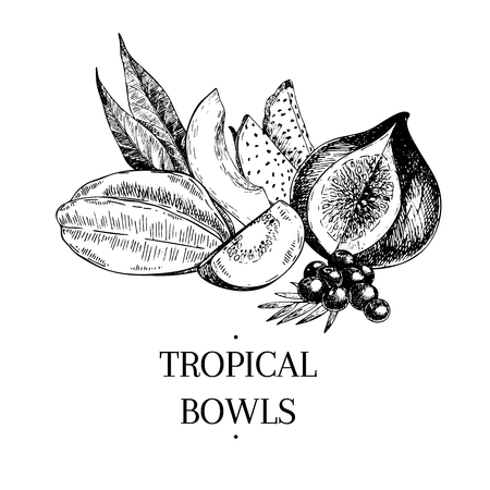 Vecotr hand drawn exotic fruits. Engraved smoothie bowl ingredients. Tropical sweet food. Carambola, papaya, guava, pitaya, fig, acai. Use for exotic restaurant food parttyのイラスト素材