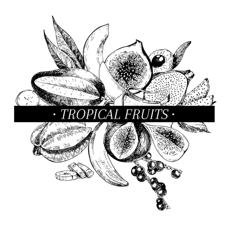 Vector hand drawn smoothie bowls poster. Exotic engraved fruits. Tropical sweet food. Banana, mango, fig, pitaya, acai, lychee, carambola, papaya Use for exotic restaurant food partyのイラスト素材