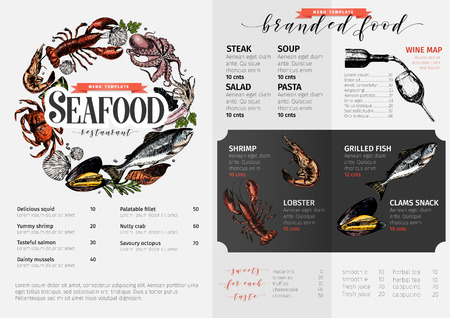 Vector hand drawn seafood menu template. colored Lobster, salmon, crab, shrimp, and more.のイラスト素材