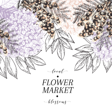 Vector Hand drawn blossoms poster. Engraved botanical art. Vintage illustration. Mimosa or acacia, hydrangea summer blossoms. Local flower shop. Use for wedding card party, flyer, market, storeのイラスト素材
