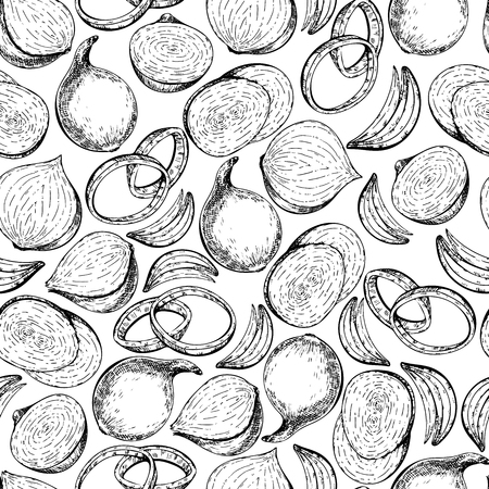 A Vector hand drawn seamless pattern of whole, sliced and half onions. Farm vegetables. Engraved art. Organic sketched objects. restaurant, menu, grocery, market store party mealのイラスト素材