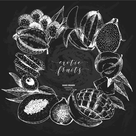 Vector hand drawn smoothie bowls poster. Exotic chalkboard style engraved fruits. Square border composition. Banana, mango, papaya, pitaya, acai, lychee, fig. exotic restaurant market food deliveryのイラスト素材