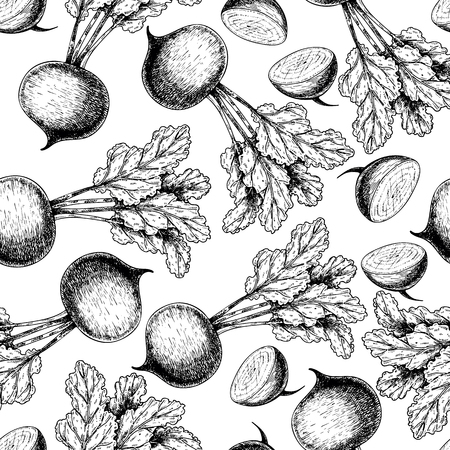 A Vector hand drawn seamless pattern of beetroots with haulm. Farm vegetables. Engraved art. Organic sketched objects. restaurant, menu, grocery, market store party mealのイラスト素材