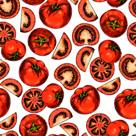 Vector hand drawn seamless pattern of tomatoes. Farm vegetables. Engraved colored art. Organic sketched objects. restaurant, menu, grocery, market store party mealのイラスト素材