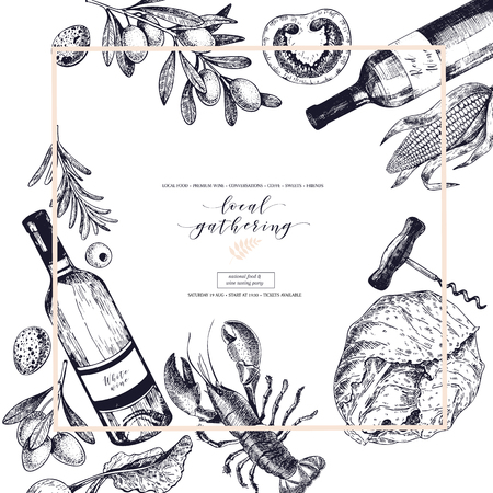 Vector hand drawn banner local gatherings. Frame composition. Wine, seafood, cheese, chicken meet, vegetables cabbage, tomato, olive, lobster. Engraved art Sketched objects restaurant menu partyのイラスト素材