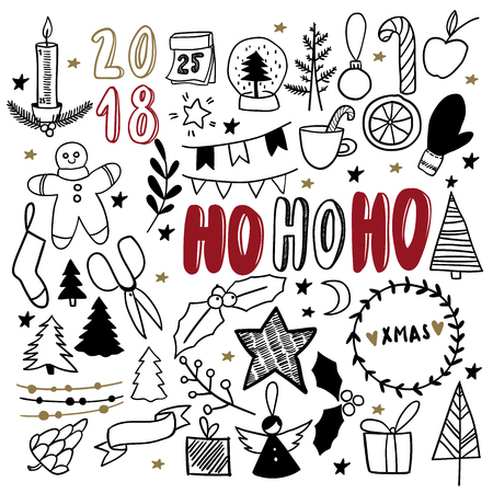 Christmas doodles. Hand drawn vector icons. Xmas and New Year scrapbooking stickers. Candle, garland, angel, trees, calendar, candy, present Simple scandinavian hygge styleのイラスト素材
