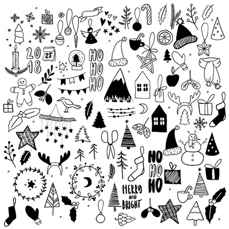 Big set of Christmas doodles. Hand drawn vector icons. Xmas and New Year scrapbooking stickers. Candle, garland, cookies, house, tree, socks, mitens, candy, present Simple scandinavian hygge styleのイラスト素材