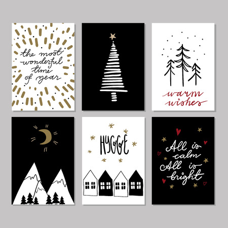 Set of doodle Christmas greeting cards. Vector hand drawn cute icons. Scandinavian style. Xmas tree, houses, garland, mountains and lettering. New Year scrapbooking. Holiday festive party.のイラスト素材