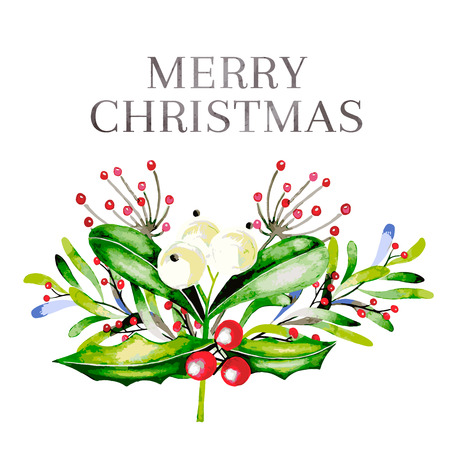 Watercolor vector illustration. Christmas bouquet with mistletoe, holly jolly and guelder rose berries. Greeting card. Hand drawn. Christmas, Xmas, New year. Party decoration, greeting cardのイラスト素材