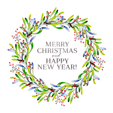 Watercolor vector illustration. Christmas wreath with winter twigs and berries. Greeting card. Hand drawn. Christmas, Xmas, New year. Party decoration, greeting cardのイラスト素材