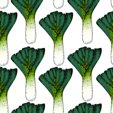 Hand drawn seamless pattern of leeks onion vegetables engraved colored art organic sketched objects use for restaurant, menu, grocery, market store, and party mealのイラスト素材