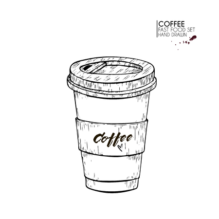 Hand drawn set of fast food. Puper cup of coffee.breakfast hot drink. Vintage engraved vector illustration. Isolated on white. For restaurant, menu, street food, bakery, cafe, icon, flyer banner.の写真素材