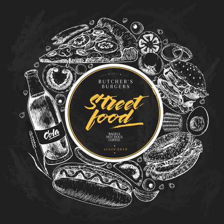 Hand drawn fast food banner. Street food bakery. Burger, hot dog, french fries, pizza, coffee, soda, bagel, donut, waffels. Chalk bord vector illustration restaurant menu street food flyer posterのイラスト素材