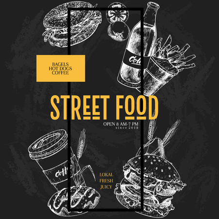 Hand drawn fast food banner. Street food creative flyer. Burger, soda, bagel, french fries, coffee and donut, wheat, tomato. Chalkboard vector illustration. restaurant, menu street food flyer posterのイラスト素材