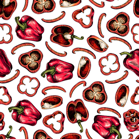 Vector hand drawn seamless pattern of red bulgarian bell pepper. Colored detailed illustration. Farm vegetables. Engraved art. Organic sketched objects. restaurant, menu, grocery, market storeのイラスト素材
