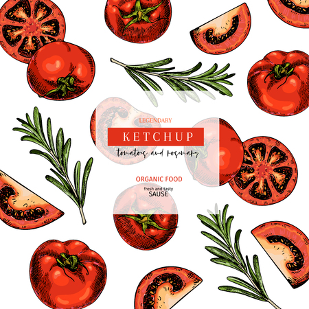 Hand drawn label of tomato and rosemary ketchup sause. Vector colored vintage art. Set of farm vegetables. Organic sketched vegetarian objects. For restaurant, menu, package, market, flyer, templateのイラスト素材