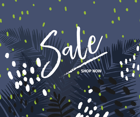 Vector banner for shop web site. Summer sale. Tropical trendy theme. Palm leaves on dark blue. Business promotion, social media marketing, SMM, flyer, online shopping, advertisting coupon, newsletterのイラスト素材