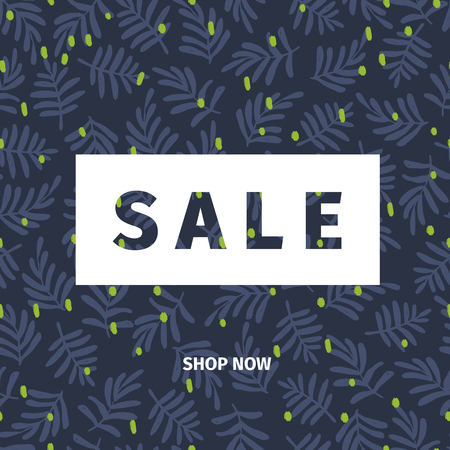 Vector banner for shop web site. Summer sale. Tropical trendy theme. Palm leaves on dark blue. Business promotion, social media marketing, SMM, flyer, online shopping, advertisting coupon, newsletterのイラスト素材