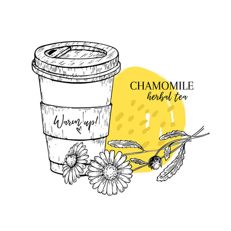 Hand drawn chamomile herbal tea to go. Tea cup, daisy flower. Vectror engraved art. Healing warm tea in paper cup. Food ingredient, aromatherapy, cooking. For restaurant menu, treating, healt careのイラスト素材