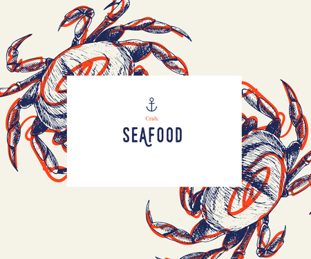 Seafood banner set. Hand drawn crab. Vector restaurant menu. Marine food banner, flyer design. Engraved isolated art. Delicious cuisine objects. Use for promotion, market, store bannerのイラスト素材