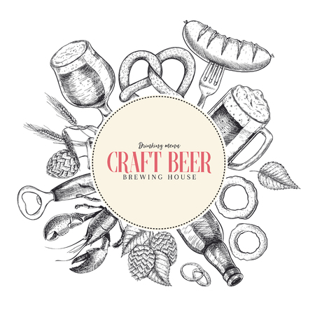 Hand drawn Oktoberfest pub poster. Beer and snacks. Vector glass, bottle, opener, fish, pretzel, barley, hop, food. Bar alcohol beverages. Craft brewery Discount banner festival menu flyer posterのイラスト素材