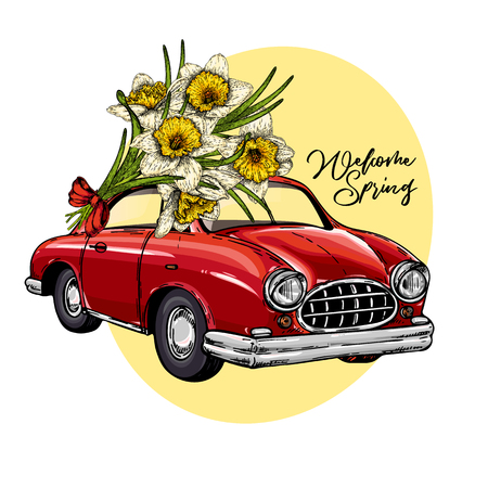 Vector Easter car. Retro automobile driving a bouquet of daffodils. Hand drawn vector illustration. Engraved colored art. Welcome spring. Good for greeting cards, flyer, poster, banner.のイラスト素材