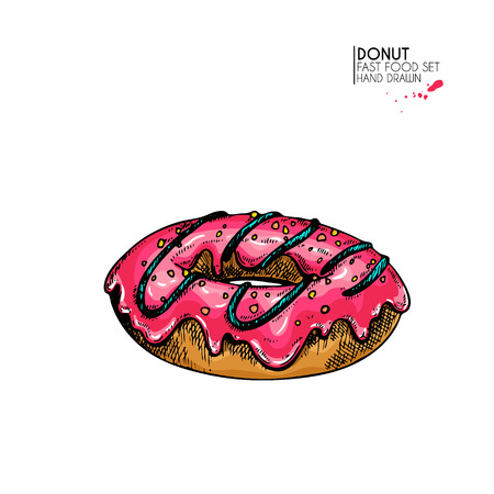 Hand drawn set of fast food. Colored hot pink sweet donut with glazing. Breakfast dessert. Vintage engraved vector illustration. Isolated on white. Restaurant, menu, street food, bakery, cafe, logoのイラスト素材